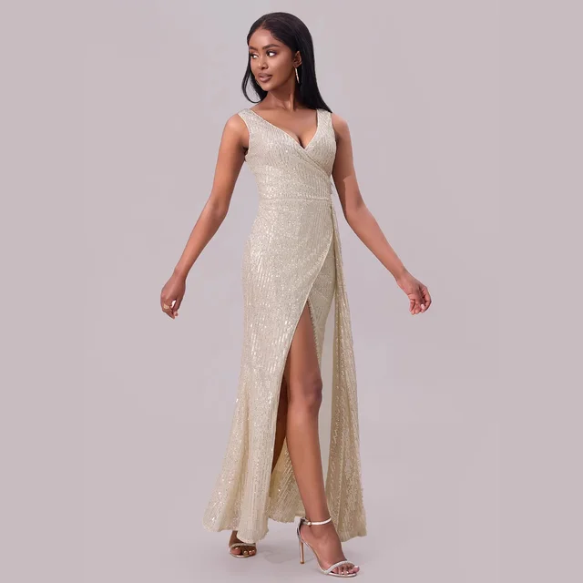 Sequin Sling Dress Women's Banquet Long Evening Dress Champagne - Shop at LoveMi