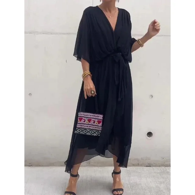 Pure Color Tied Long Dress Batwing Sleeve Irregular Dress Plus Size Black - Shop at LoveMi