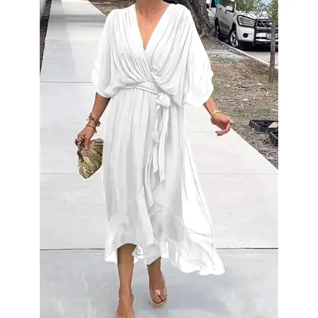 Pure Color Tied Long Dress Batwing Sleeve Irregular Dress Plus Size White - Shop at LoveMi