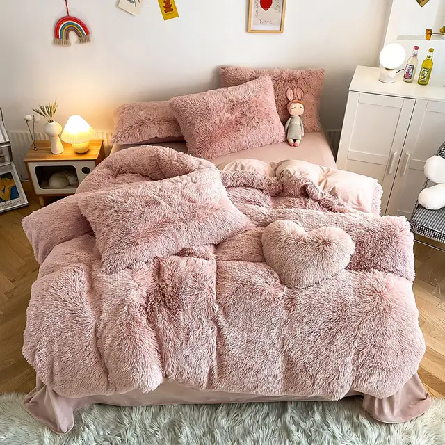 Mink Fur Fabric Long Wool Thickened Warm Winter Coral Fleece Bedding Suit Cameo - Shop at LoveMi