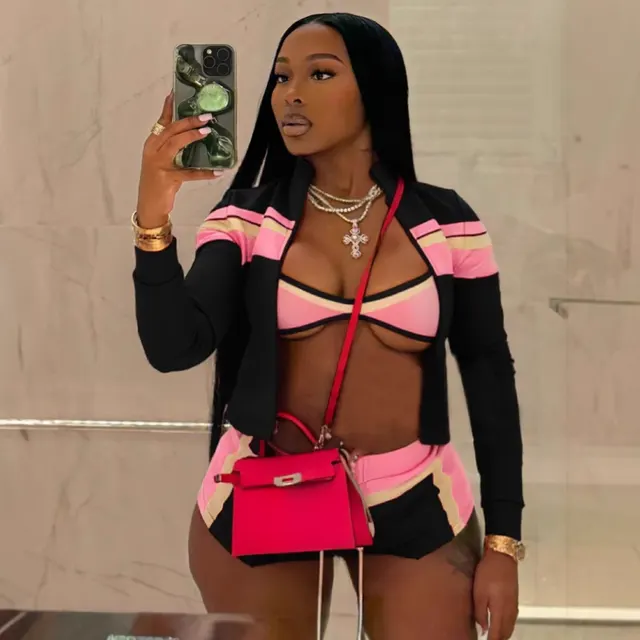 Women's Color Contrast Patchwork Long Sleeve Tied Hot Pants Three piece Suit Black - Shop at LoveMi