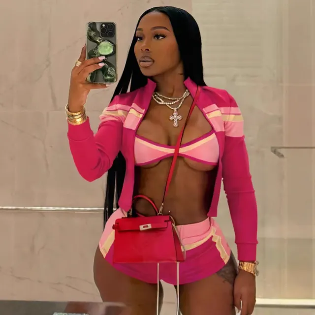 Women's Color Contrast Patchwork Long Sleeve Tied Hot Pants Three piece Suit Rose Red - Shop at LoveMi