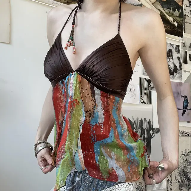 Vintage Vacation Style Beaded Halter Lace up Sexy Backless Spaghetti Straps Color - Shop at LoveMi