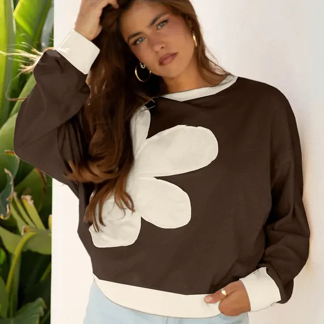 Coffee Raw Edge Flower Patch Drop Shoulder Casual Top Coffee - Shop at LoveMi