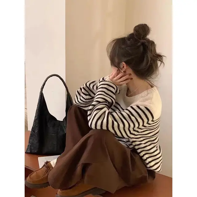 Striped Pullover Women's Spring And Autumn White - Shop at LoveMi