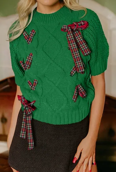 Fiery Red Plaid Lace Up Detail Christmas Holiday Puff Short Sleeve Sweater Green - Shop at LoveMi