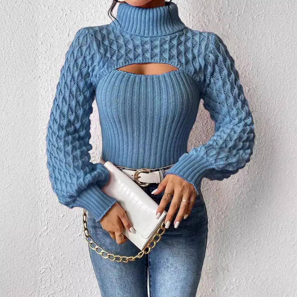 Women's Turtleneck Hollow Sweater Cable-knit Sweater - Blue