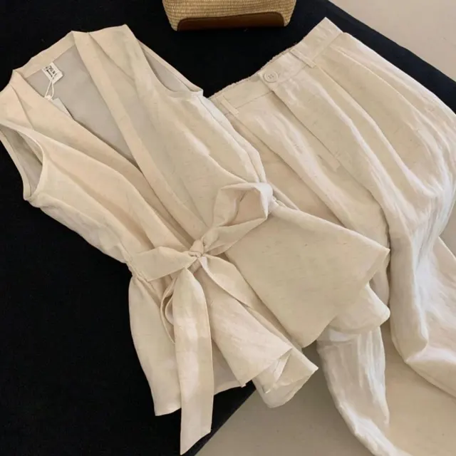 Summer Fashion New Sleeveless Waist tight Design Lace up Shirt High Waist Wide Leg Pants Suit Apricot - Shop at LoveMi