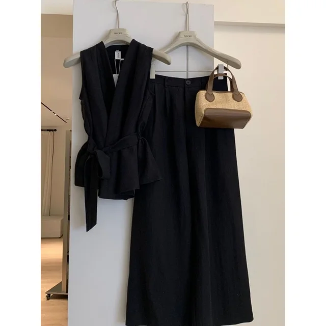 Summer Fashion New Sleeveless Waist tight Design Lace up Shirt High Waist Wide Leg Pants Suit Black - Shop at LoveMi