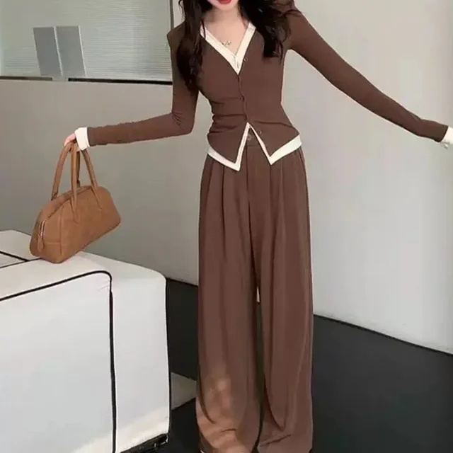 Plus Size Women's Fake Two piece Top High Waist Wide Leg Pants Two piece Set Coffee - Shop at LoveMi