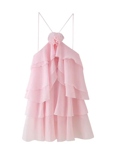 Fashion Three dimensional Flower Decoration Laminated Ruffled Halter Dress Pink - Shop at LoveMi