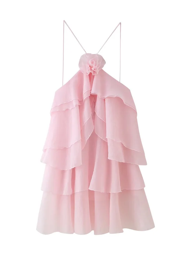 Fashion Three dimensional Flower Decoration Laminated Ruffled Halter Dress Pink - Shop at LoveMi