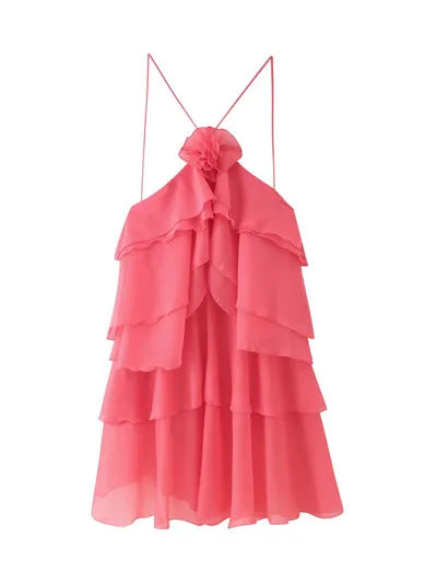 Fashion Three dimensional Flower Decoration Laminated Ruffled Halter Dress Watermelon Red Pink - Shop at LoveMi