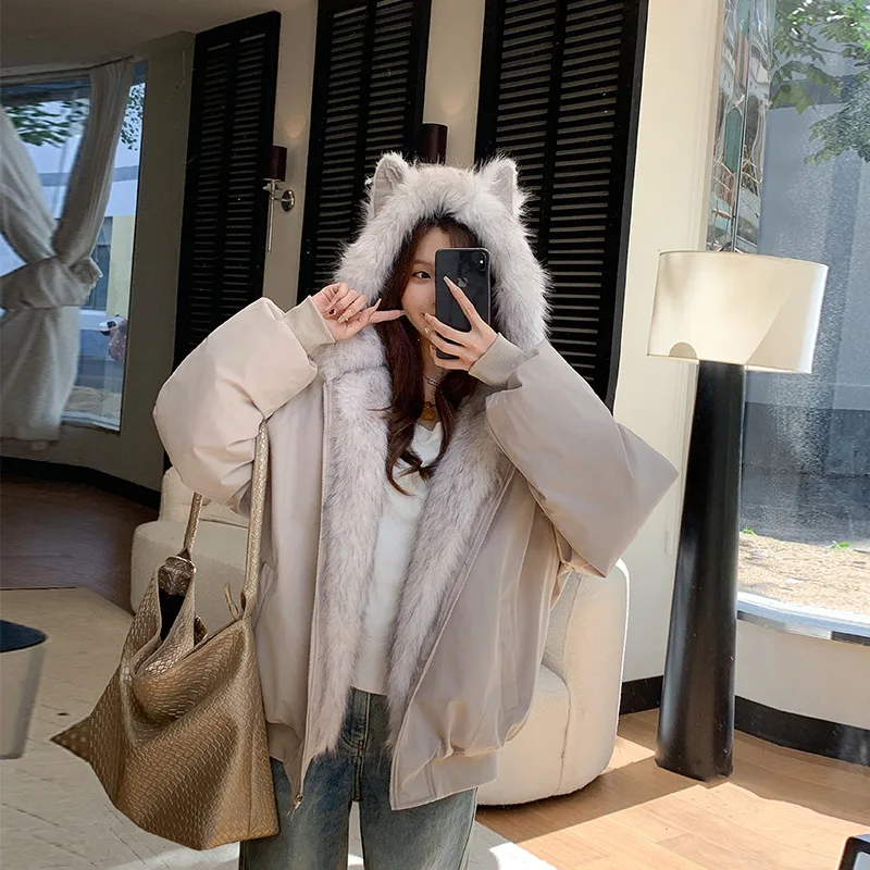 Short Stitching Casual Fashion Trends Loose Cotton Coat Greige Xxl - Shop at LoveMi
