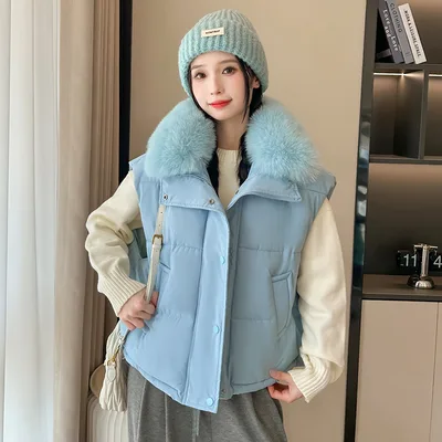 Women's Big Fur Collar Loose Down Cotton Vest Short Zipper Blue - Shop at LoveMi