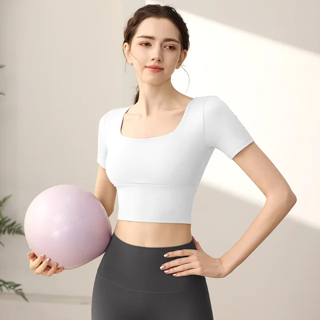 Yoga Cuff Chest Pad Slim Fit Slimming Sports Short Sleeve White - Shop at LoveMi