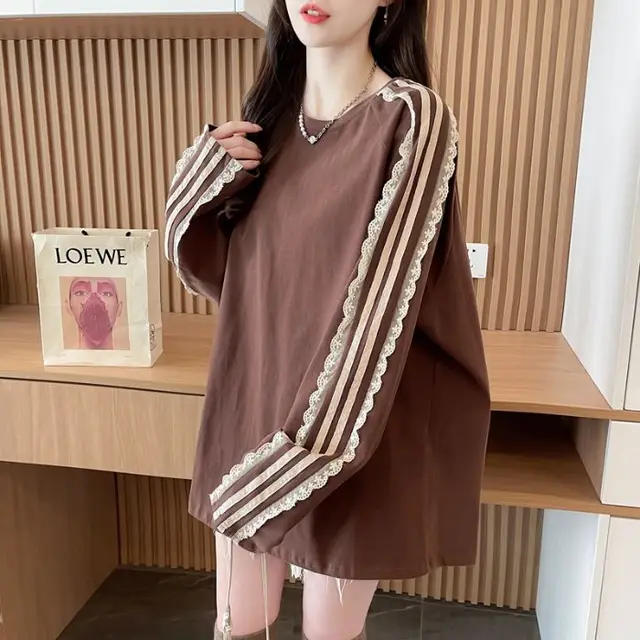 Solid Color Stitching Lace Lacework Round neck T shirt Women's Brushed Top Coffee - Shop at LoveMi