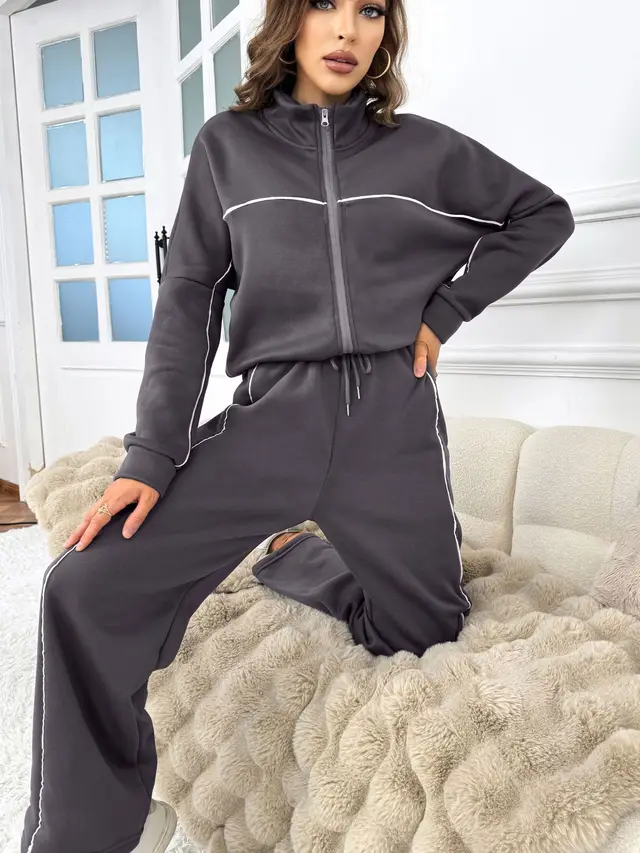 Women's Casual Long sleeved Half Turtleneck Cardigan Sweater Lace up Striped Trousers Dark Gray - Shop at LoveMi