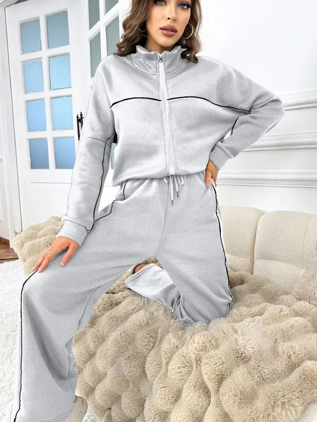 Women's Casual Long sleeved Half Turtleneck Cardigan Sweater Lace up Striped Trousers Light Gray - Shop at LoveMi