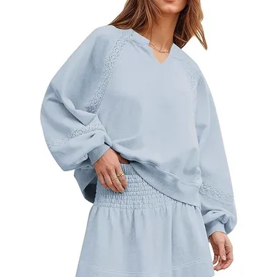 Women's Casual Lace Lantern Long Sleeve Solid Color Loose Top Blue - Shop at LoveMi