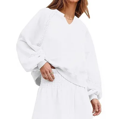 Women's Casual Lace Lantern Long Sleeve Solid Color Loose Top White - Shop at LoveMi