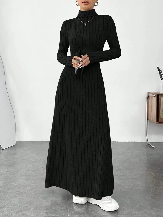 Women's Slim Fit Turtleneck Rib Fabric Brushed Long Sleeve Dress Black - Shop at LoveMi