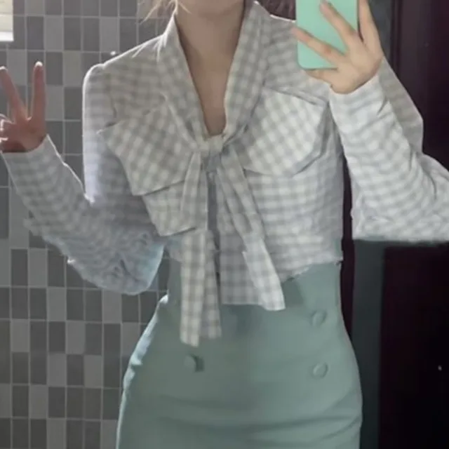 Spring And Autumn High Waist Slimming Hip wrapped Mid length Dress Two piece Set Blue Plaid Shirt - Shop at LoveMi