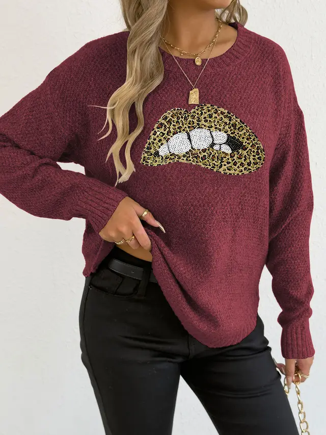 Female Leopard Print Embroidered Sequins Lips Personality Crew Neck Pullover Sweater Wine Red - Shop at LoveMi