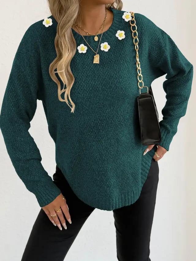 Women's Crochet Patchwork Round Neck Comfort And Casual Sweater Dark Green - Shop at LoveMi