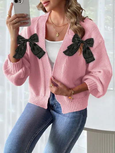 Women's Ribbon Bow Stitching Personality Sweater Coat Pink - Shop at LoveMi