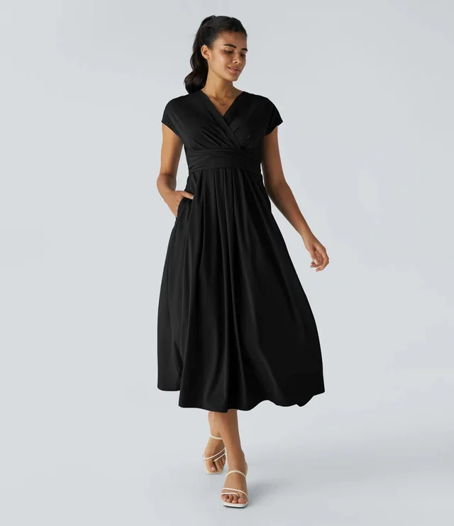 Solid Color Overlapping V neck Short Sleeve Side Pocket Lace up Quick drying Mid length Casual Dress Black - Shop at LoveMi