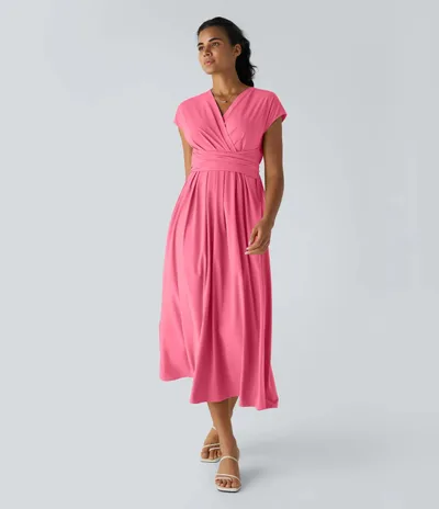 Solid Color Overlapping V neck Short Sleeve Side Pocket Lace up Quick drying Mid length Casual Dress Pink - Shop at LoveMi