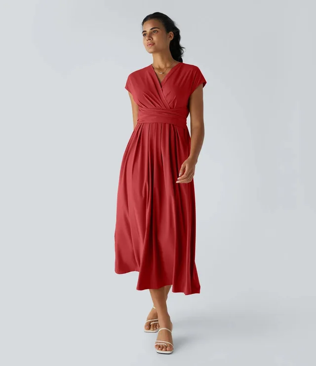 Solid Color Overlapping V neck Short Sleeve Side Pocket Lace up Quick drying Mid length Casual Dress Red - Shop at LoveMi