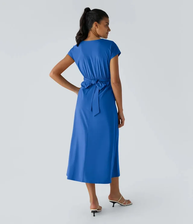 Solid Color Overlapping V neck Short Sleeve Side Pocket Lace up Quick drying Mid length Casual Dress Sapphire Blue - Shop at LoveMi