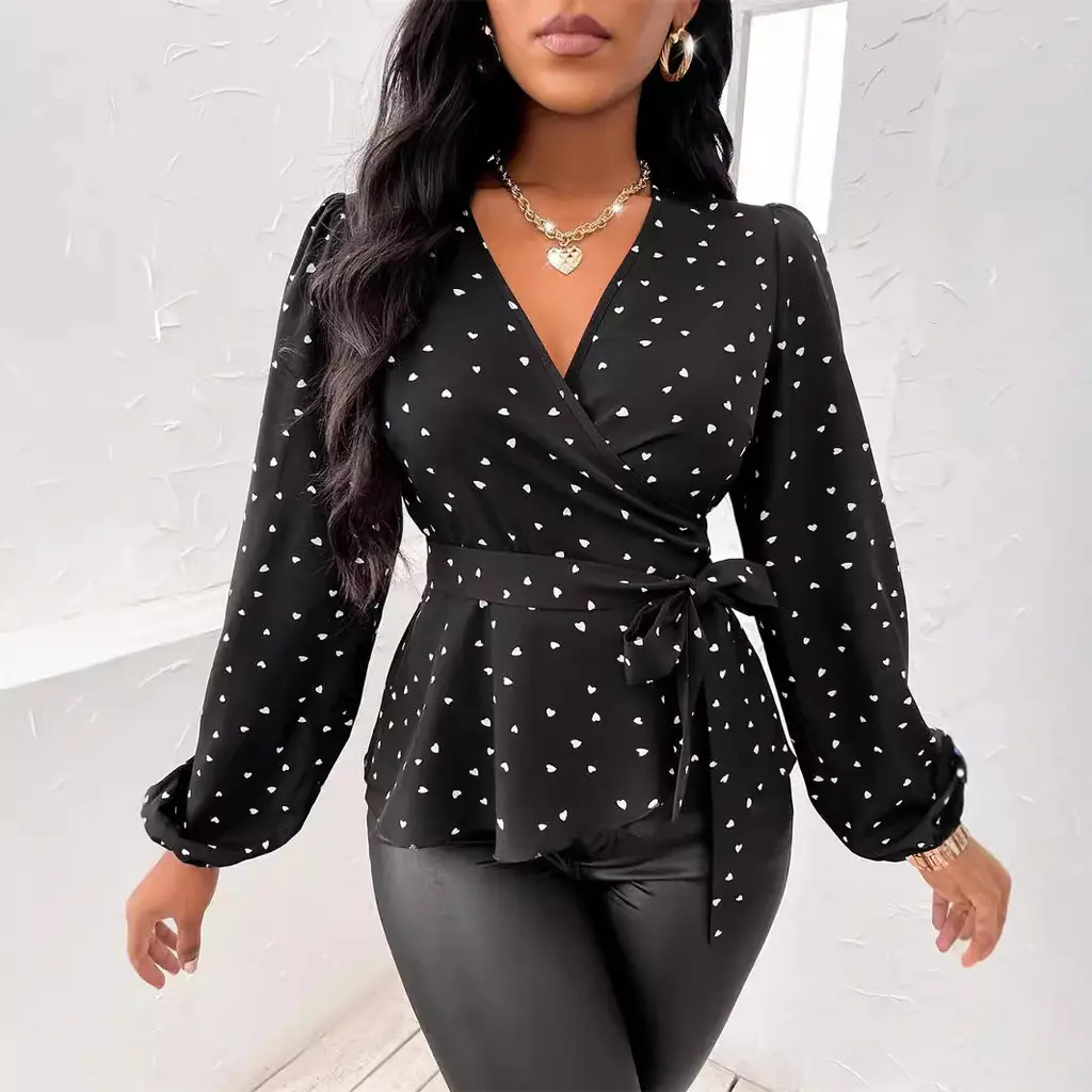 Women's V-neck Heart Shape Printed Cross Collar Drawstring Shirt - Black