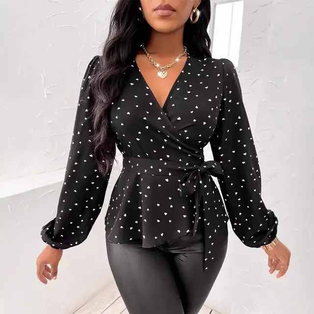 Women's V neck Heart Shape Printed Cross Collar Drawstring Shirt Black - Shop at LoveMi
