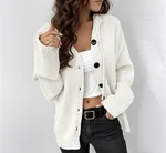 Women's Drawstring Knitted Solid Colour Hooded Single-breasted Sweater - White