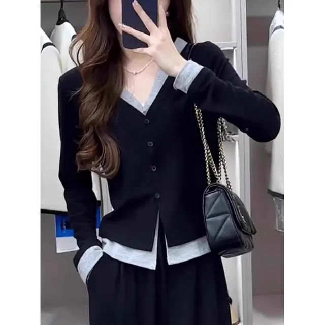 Women's Winter Modal Fake Two piece V neck Long sleeved T shirt Black - Shop at LoveMi