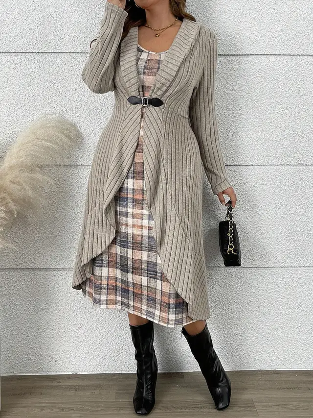 Autumn And Winter Pleated Cardigan Trench Coat Shawl Knitted Coat Lining Dress Suit Khaki - Shop at LoveMi