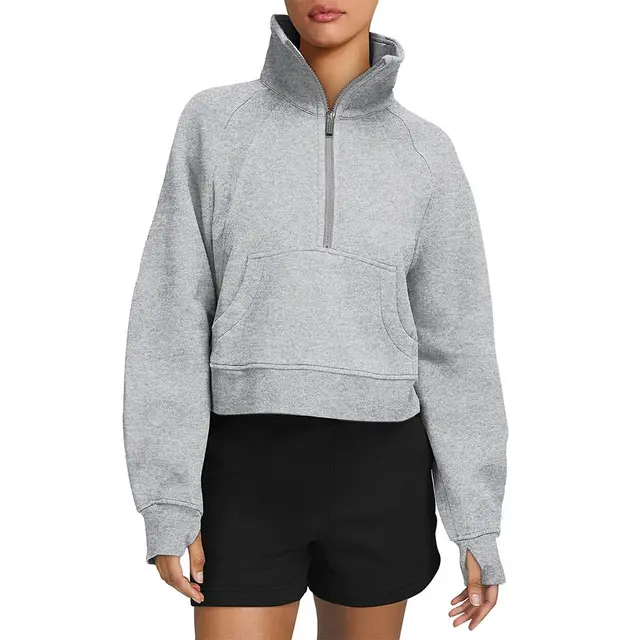 Autumn And Winter Fleece Sweater Half Zipper Coat Stand Collar Pocket European And American Style Women Sweater Gray - Shop at LoveMi