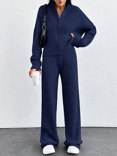 Autumn And Winter New European And American Women's Casual Loose Zip Top And Trousers Two piece Set Navy Blue - Shop at LoveMi