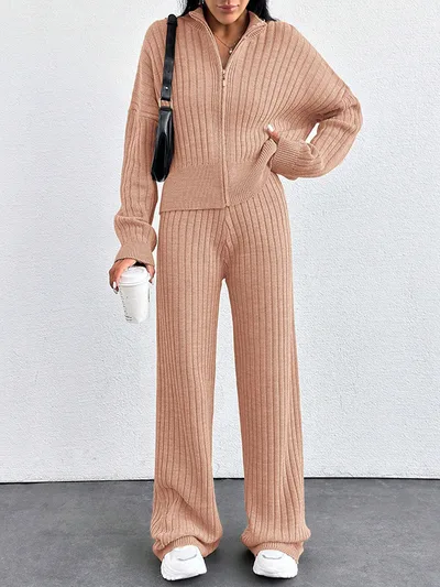 Autumn And Winter New European And American Women's Casual Loose Zip Top And Trousers Two piece Set Orange - Shop at LoveMi