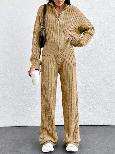 Autumn And Winter New European And American Women's Casual Loose Zip Top And Trousers Two piece Set Yellow - Shop at LoveMi