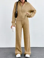 Autumn And Winter New European And American Women's Casual Loose Zip Top And Trousers Two-piece Set - Yellow