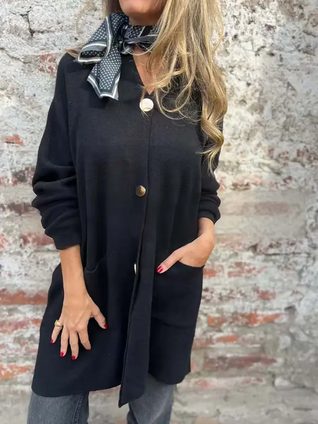 New Mid length Solid Color Casual Single breasted Cardigan Jacket Black - Shop at LoveMi