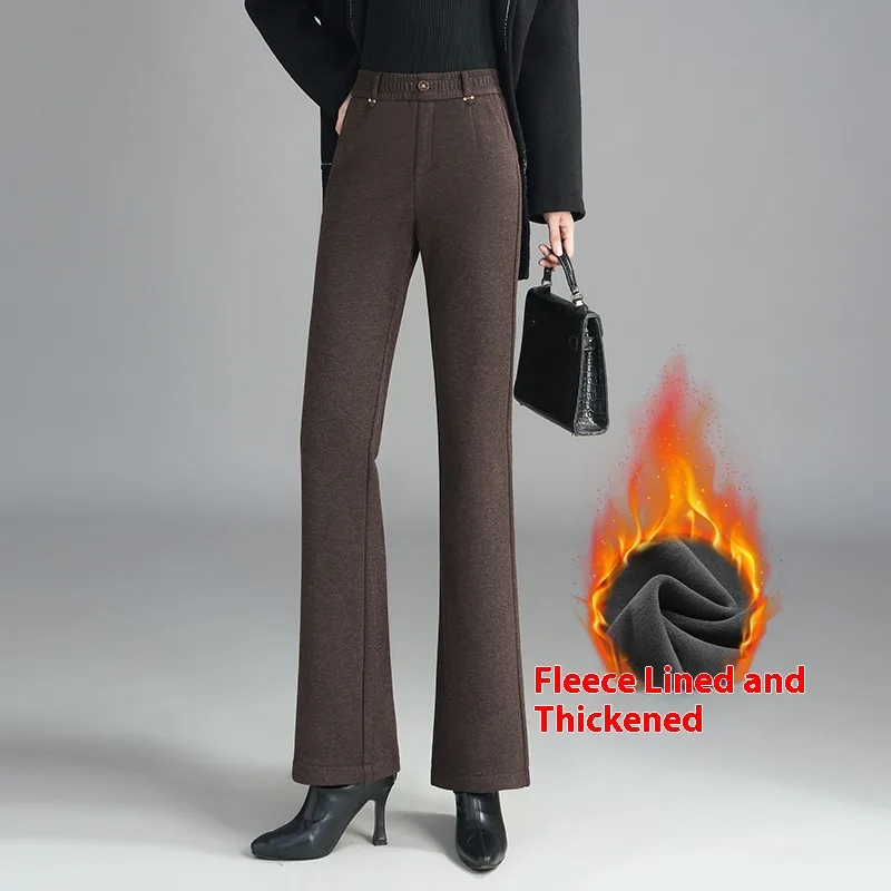 Women's Fashionable Stylish Casual Fleece-lined Slim Flare Pants - Brown - View 1