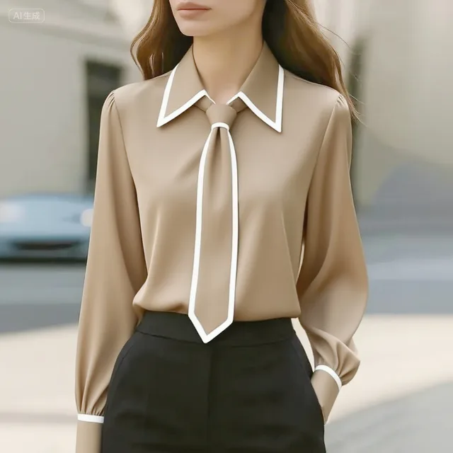 Autumn Fashion Solid Color Commute Tie Long Sleeve Shirt Women's Clothing Khaki - Shop at LoveMi