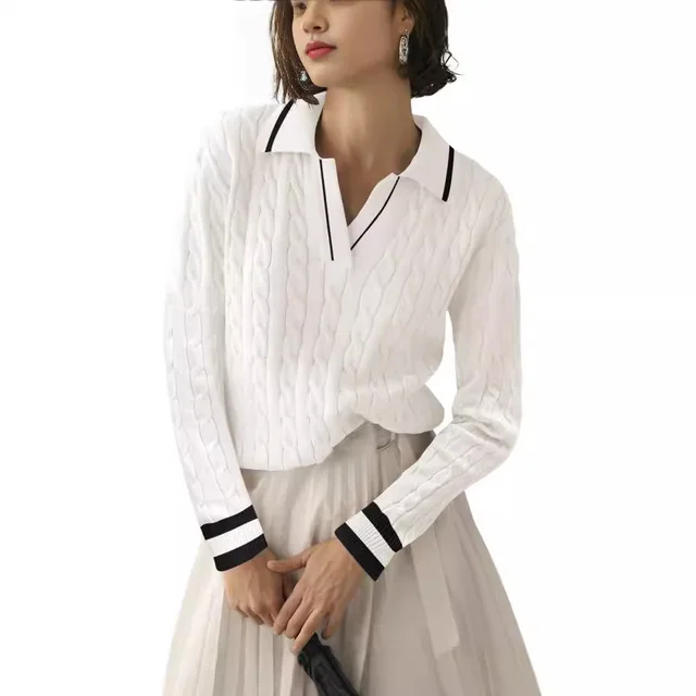 Women's V neck Twisted Knitted Pullover White And Black Stripes - Shop at LoveMi