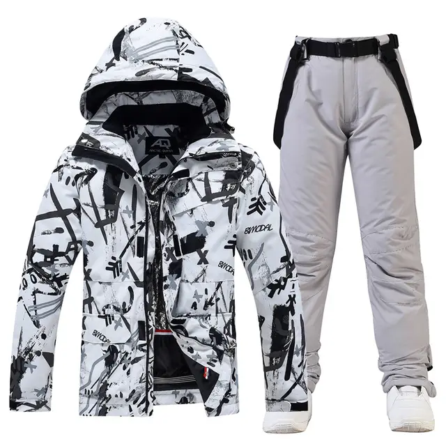 Ski Suit Women's And Men's Suit Winter Windproof And Water repellent Black Flower Light Gray Pants - Shop at LoveMi