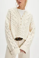 Cable Loose-fitting Solid Color Pullover Sweater - Apricot